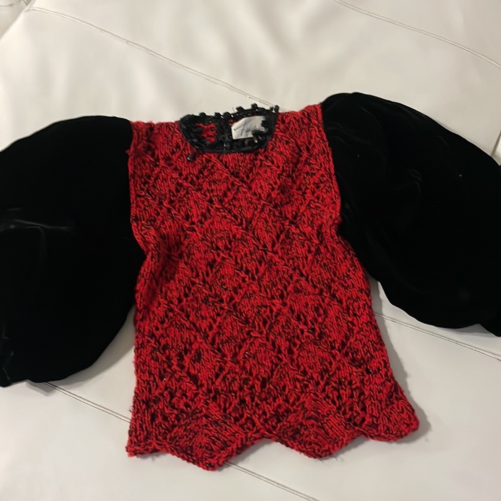 Vintage Fiddlestix New York red knit top balloon puffy velvet sleeves XS